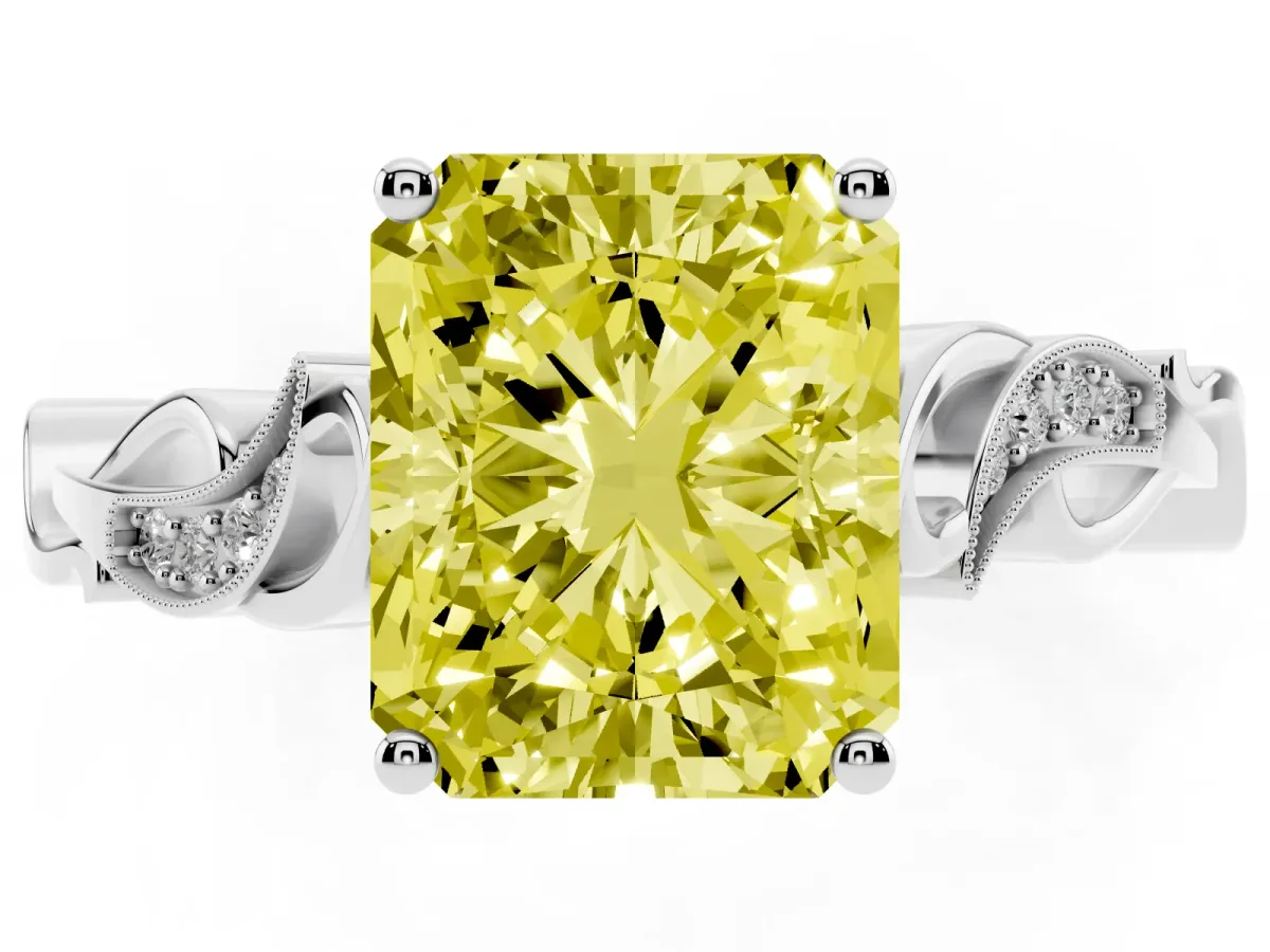 Fancy Yellow Radiant Cut Solitaire Vine Band with Milgrain Prong Setting Silver