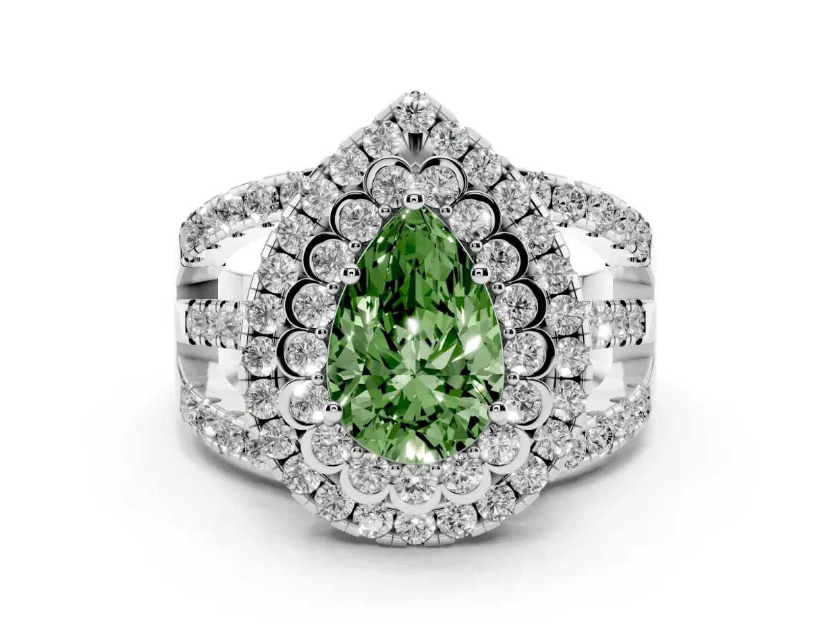Fancy Green Pear Cut Diamond Double Halo Ring with Round Pavé Split Shank and Prong Setting Silver