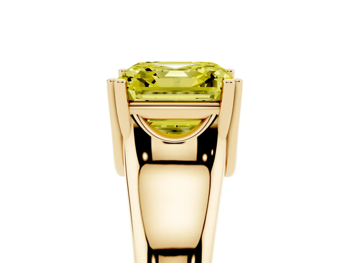 Fancy Yellow Asscher Cut Diamond Solitaire Ring with Wide Band and Prong Setting Yellow gold