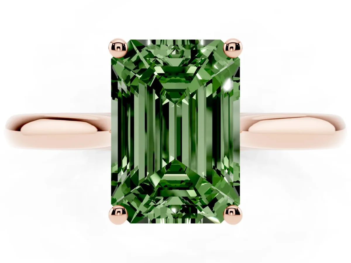 Fancy Green Emerald Cut Cut Solitaire Ring with Cathedral Band and Four-Prong Setting Rose gold