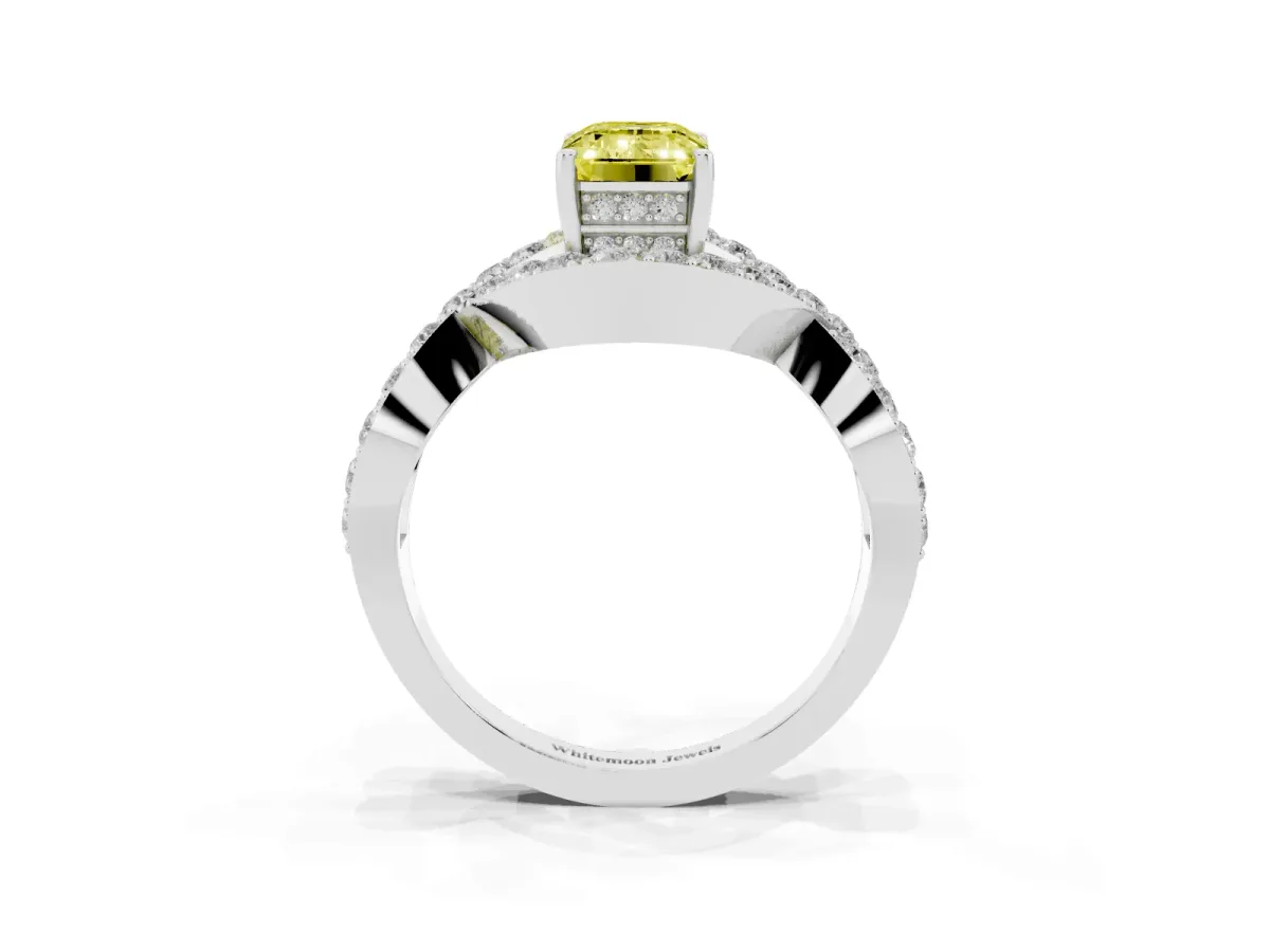 Fancy Yellow Emerald Cut Solitaire Twist Band Pavé Diamond Engagement Ring Silver
