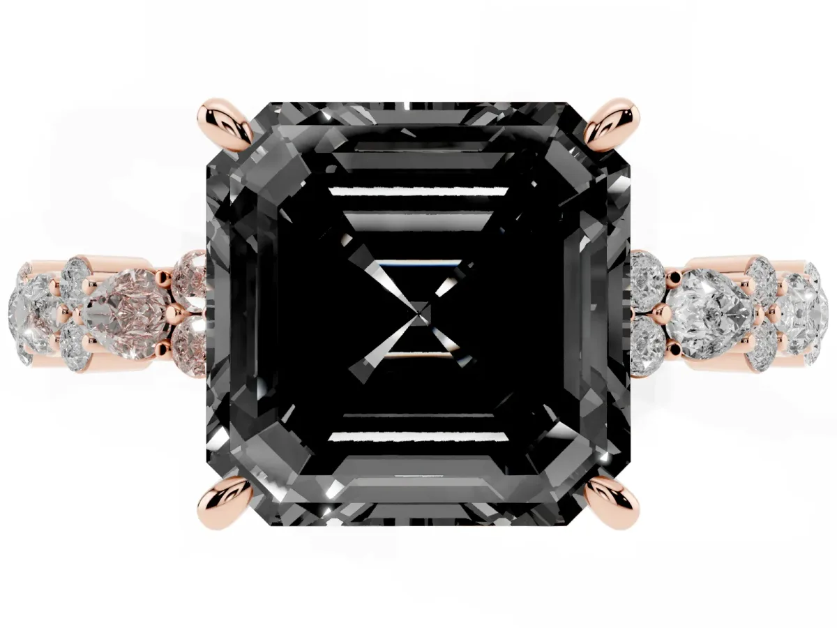 Fancy Black Asscher Cut Diamond Side Stone Solitaire Ring with Round and Four-Prong Setting Rose gold