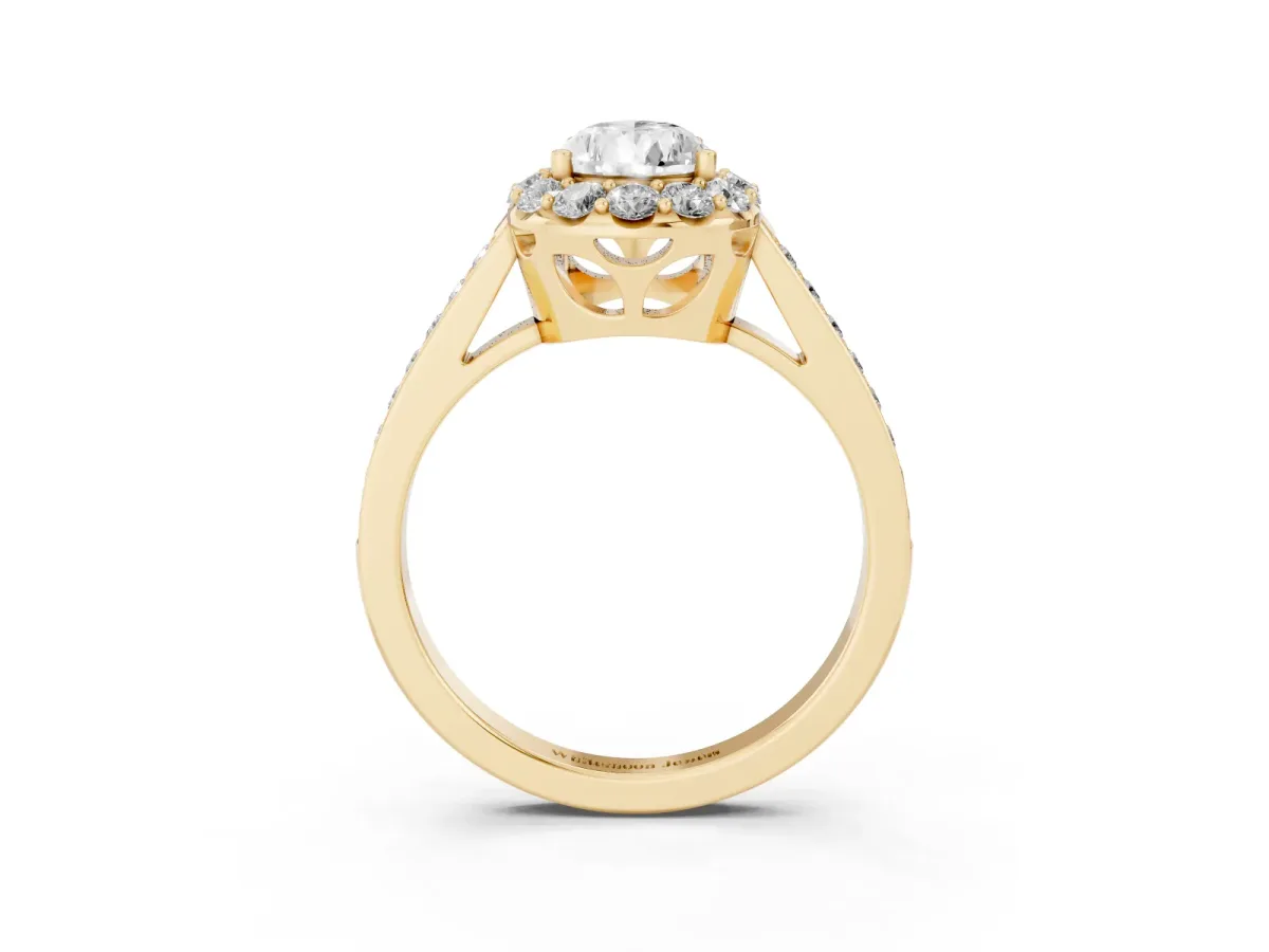 Pear Cut Diamond Floral Halo Ring with Pavé Band and Prong Setting Yellow gold