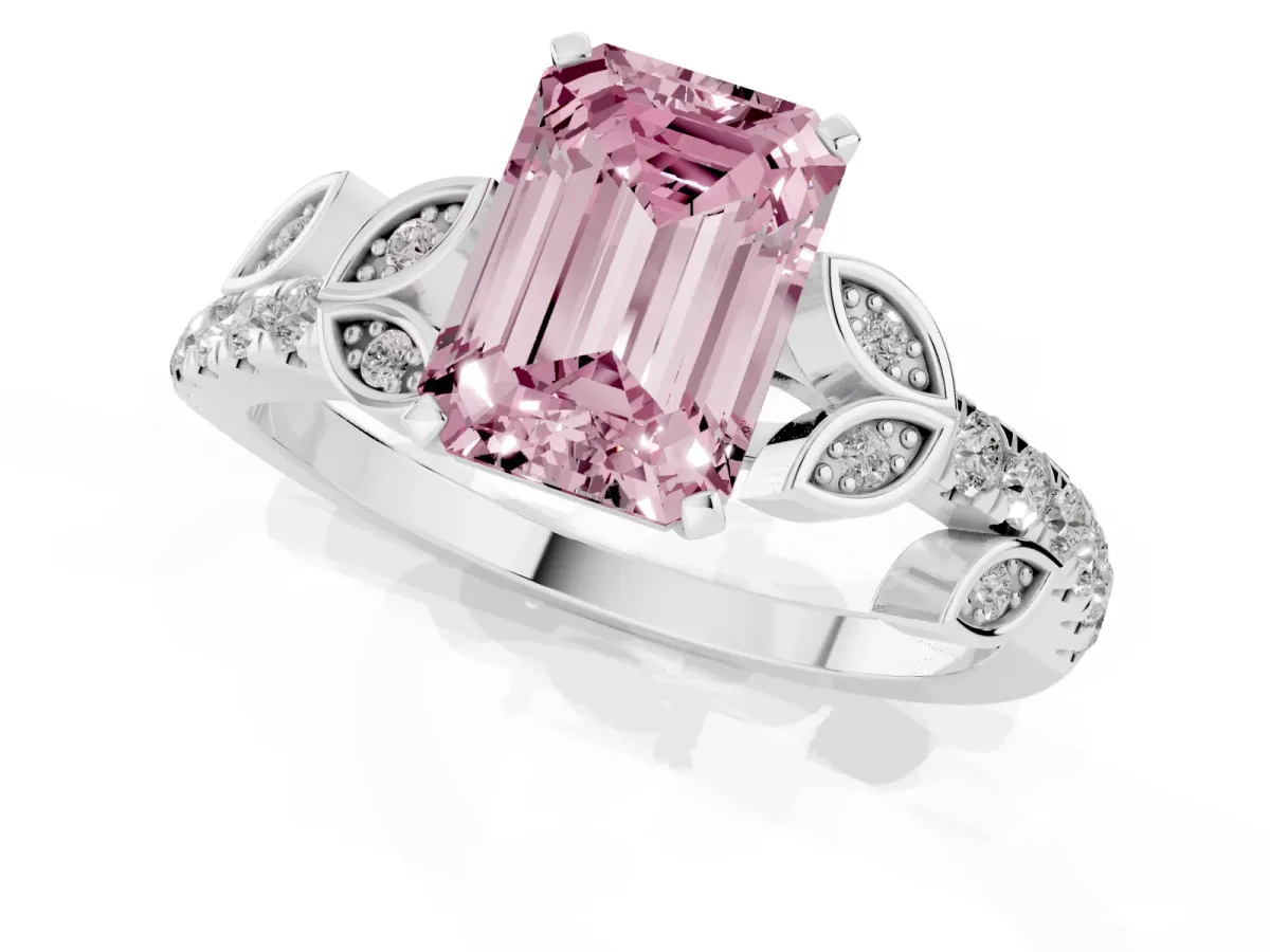 Fancy Pink Emerald Cut Solitaire Leaf-Inspired Diamond Ring with Pavé Band and Four-Prong Setting Silver