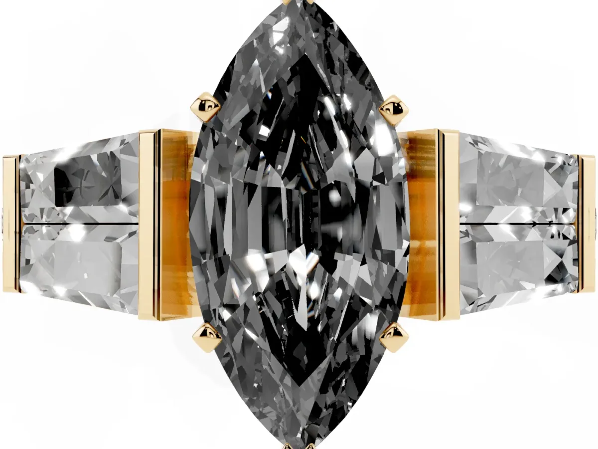 Fancy Black Marquise Cut Diamond Engagement Ring with Baguette Side Stones and Channel Set Band Yellow gold