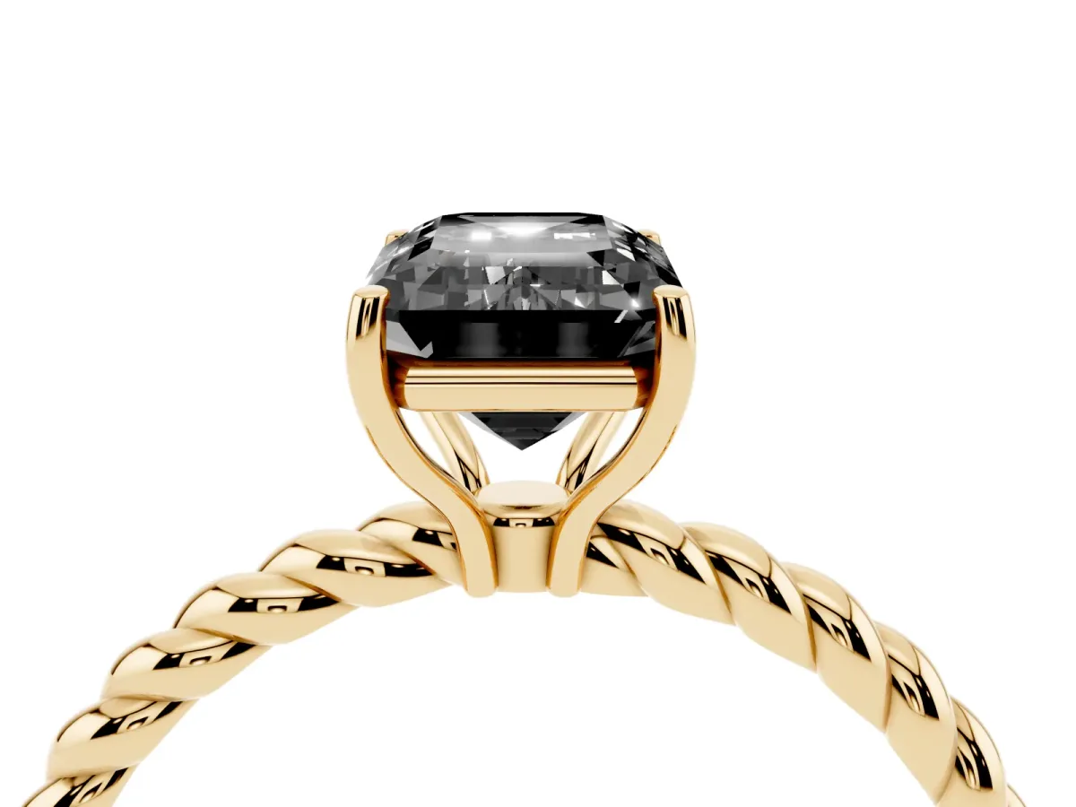 Fancy Black Emerald Cut Solitaire Twisted Band 4-Prong Ring Yellow gold