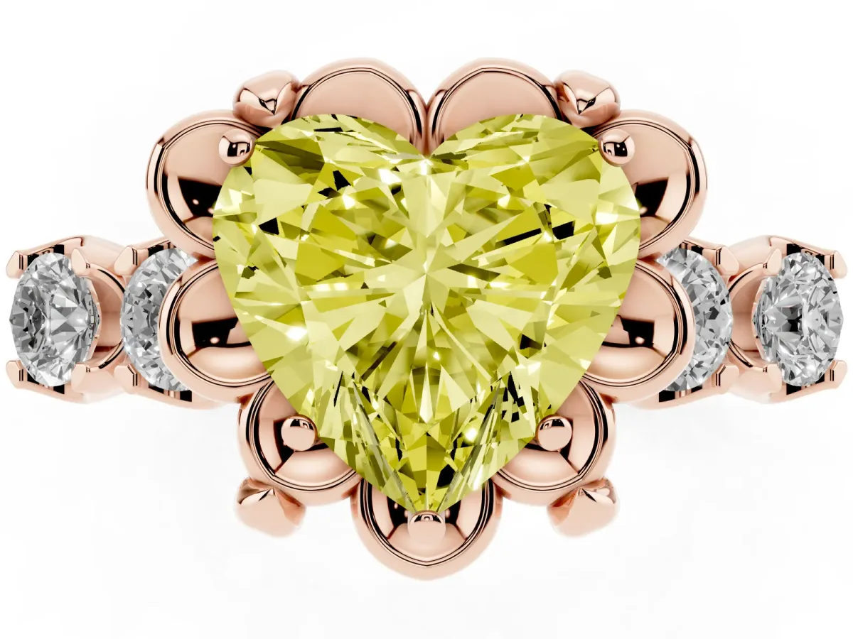 Fancy Yellow Heart Cut Cut Diamond Floral Halo Engagement Ring with Shared Prong Setting Rose gold
