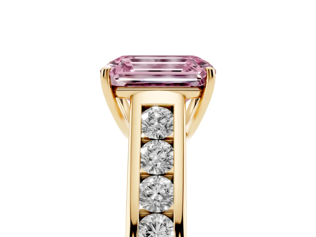 Fancy Pink Emerald Cut Solitaire Channel-Set Diamond Engagement Ring with Four-Prong Setting Yellow gold