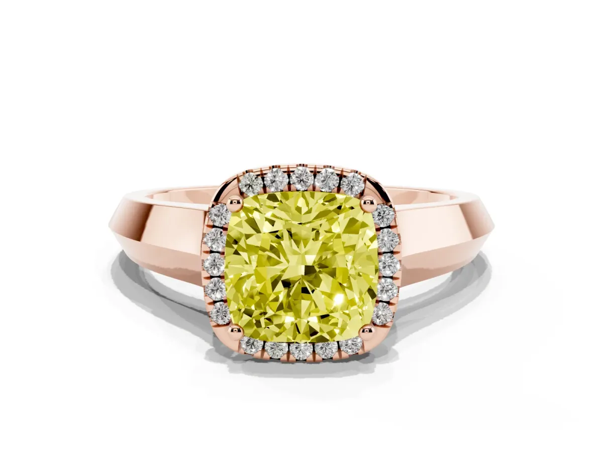 Fancy Yellow Cushion Cut Halo Diamond Ring with Cathedral Band and Four-Prong Setting Rose gold