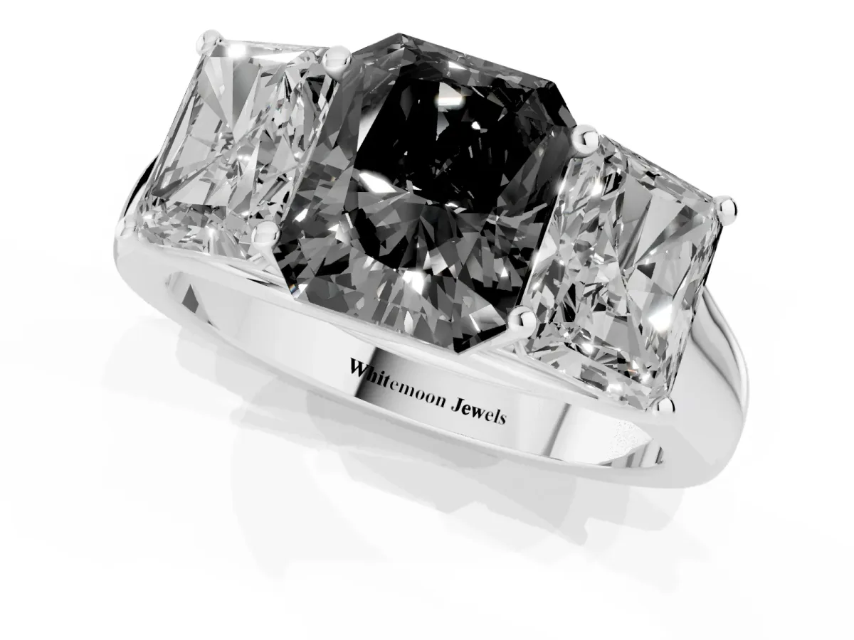 Fancy Black Radiant Cut Three-Stone Diamond Ring with Prong Setting on a Classic Band Silver