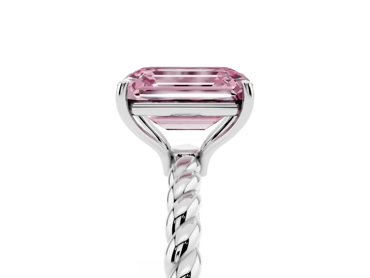 Fancy Pink Emerald Cut Solitaire Twist Band Ring with Four-Prong Setting Platinum