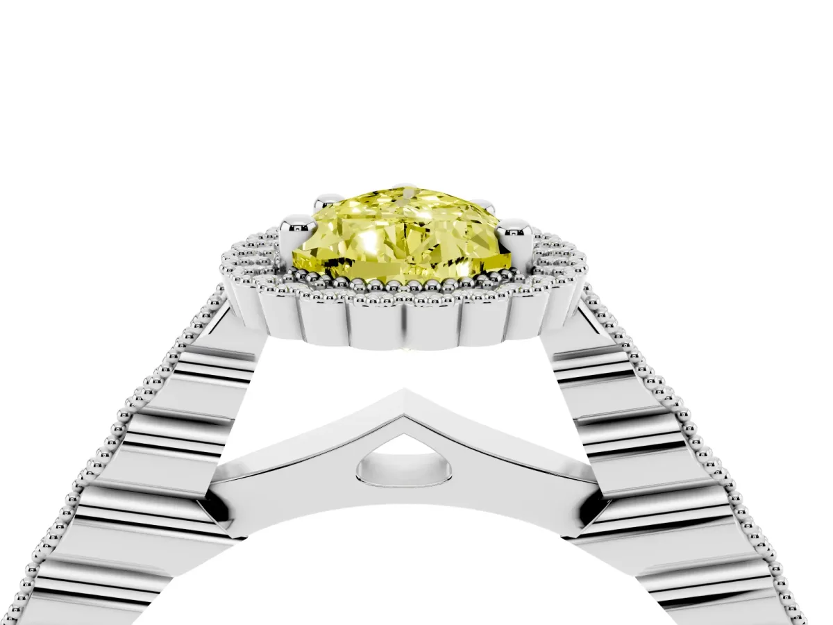Fancy Yellow Pear Cut Cut Halo Pavé Solitaire Ring with Milgrain Band White gold