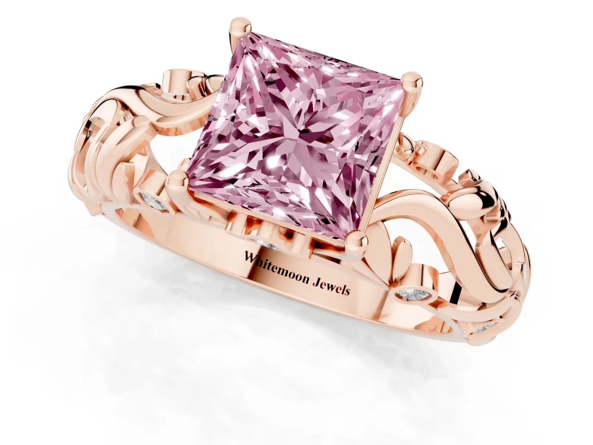 Fancy Pink Princess Cut Solitaire Diamond Leaf-Inspired Vine Band Ring with Prong Setting Rose gold