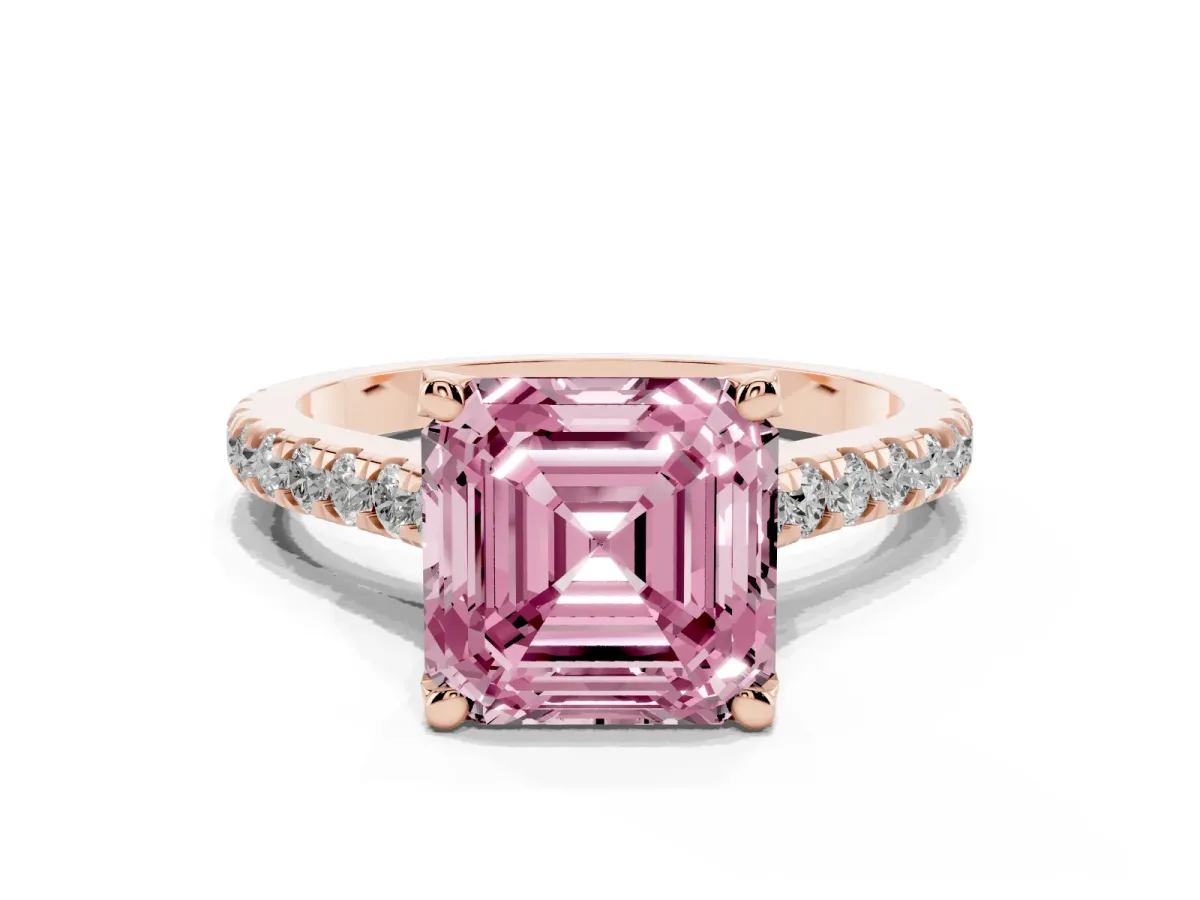 Fancy Pink Asscher Cut Brilliant Diamond Solitaire with Pavé Band and Four-Prong Setting Rose gold