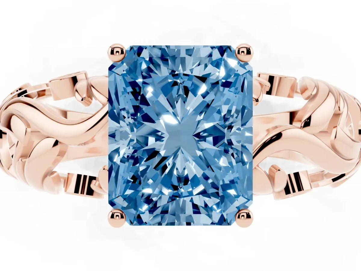 Fancy Blue Radiant Cut Solitaire Diamond Leaf-Inspired Vine Band Ring with Prong Setting Rose gold