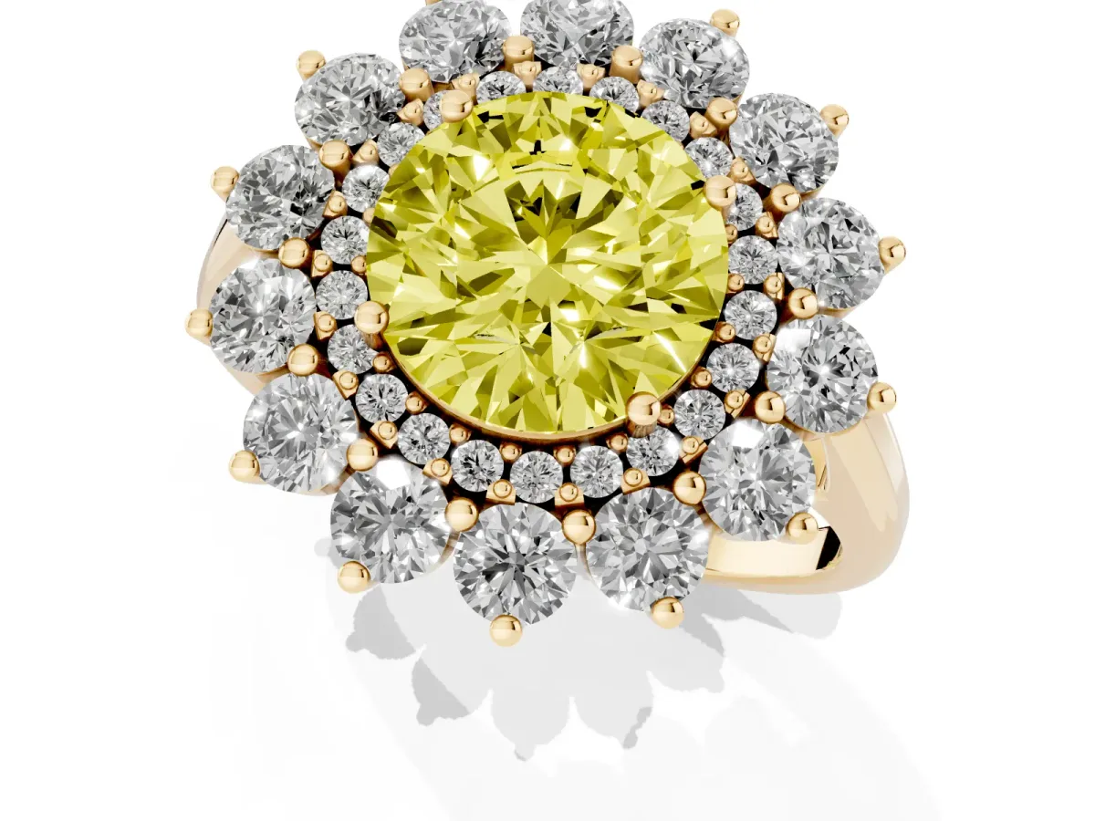 Fancy Yellow Round Cut Diamond Floral Double Halo Engagement Ring with Prong Setting Yellow gold
