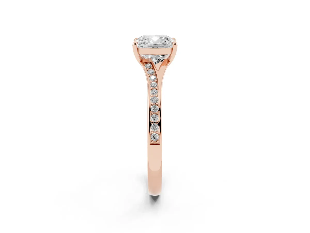 Cushion Cut Diamond Solitaire Ring with Pavé Band and Prong Setting Rose gold