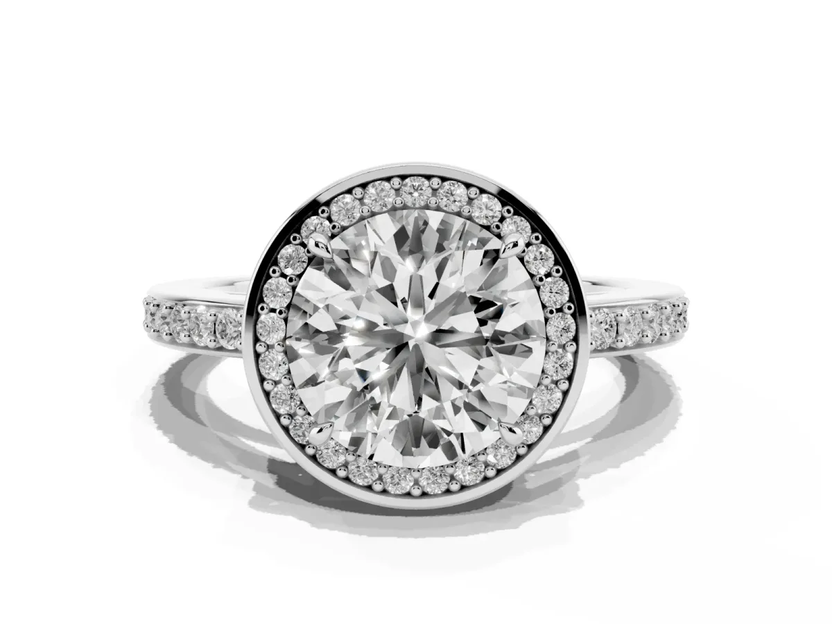 Round Cut Halo Pave Band Solitaire Ring with Prong Setting Silver