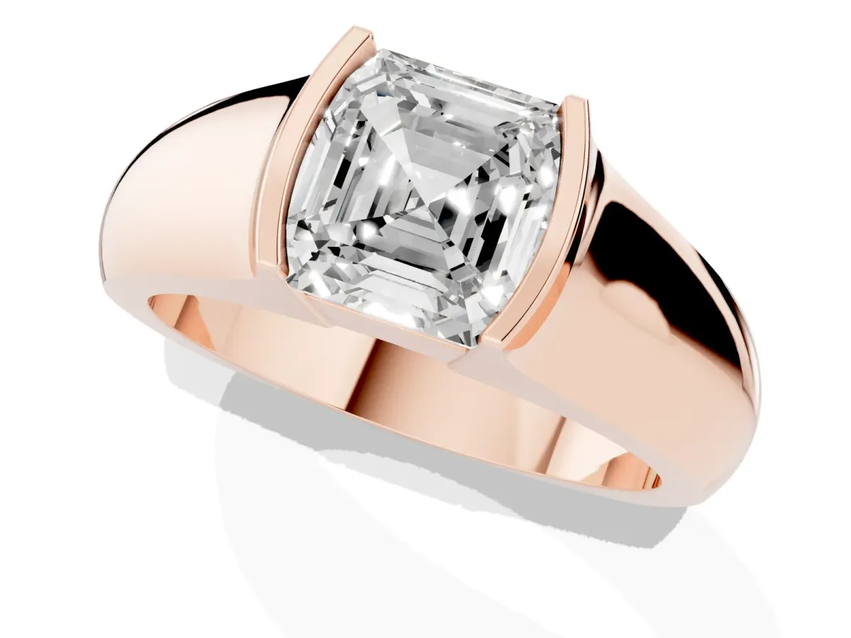Asscher Cut Solitaire Bezel Set Diamond Ring with Wide Band Rose gold