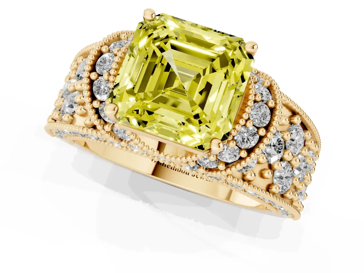 Fancy Yellow Asscher Cut Halo Pave Diamond Engagement Ring with Milgrain Detailing Yellow gold