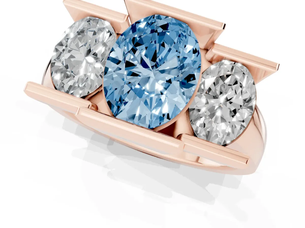 Fancy Blue Three Stone Oval Cut Cut Channel Set Diamond Ring Rose gold