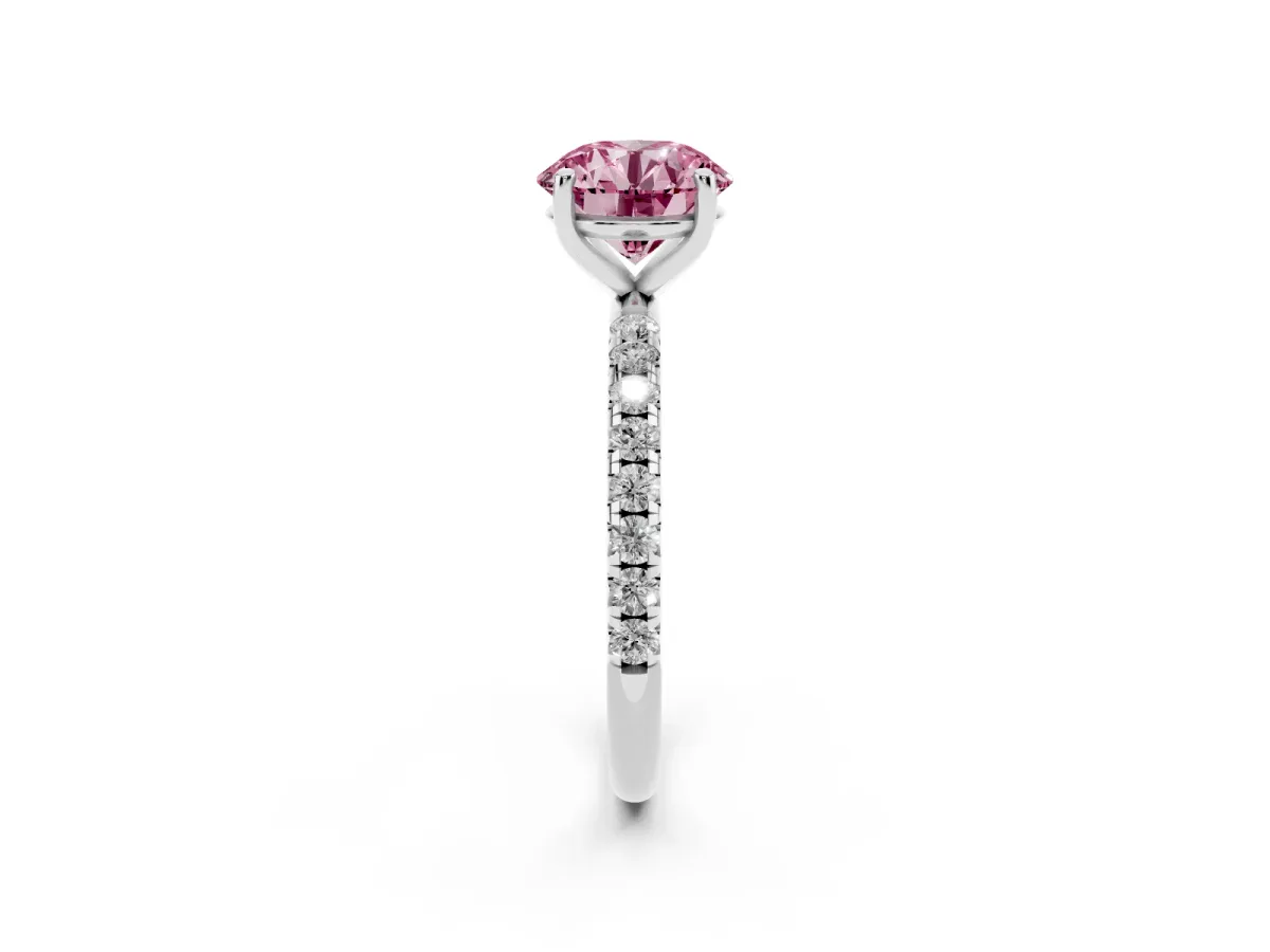 Fancy Pink Round Cut Cut Diamond Solitaire Ring with Micro Pave Band and Four Prong Setting Platinum