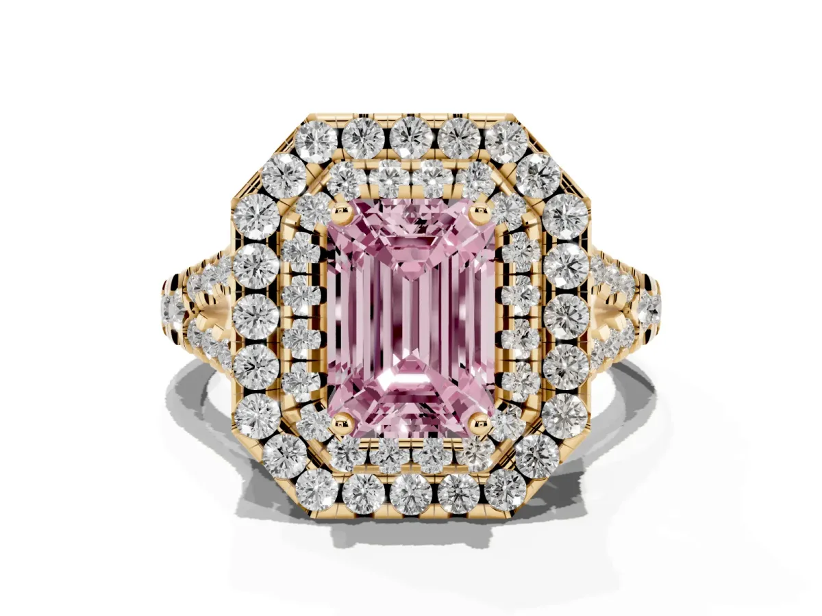 Fancy Pink Double Halo Emerald Cut Diamond Pavé Split Shank Ring with Prong Setting Yellow gold