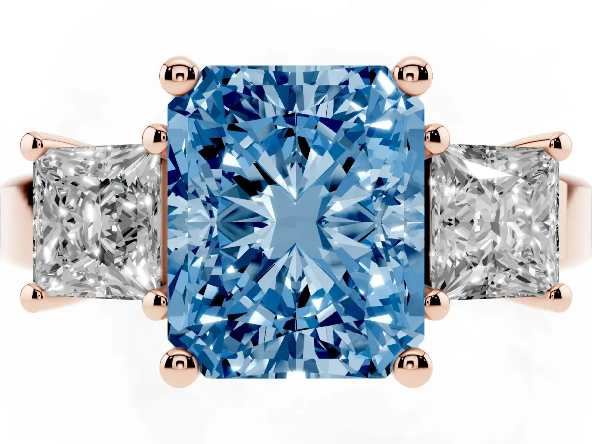 Fancy Blue Three-Stone Radiant Cut Cut Solitaire Ring with Prong Setting Rose gold