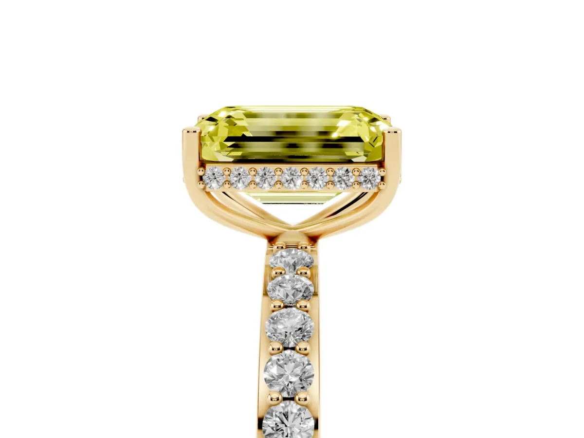 Fancy Yellow Emerald Cut Diamond Solitaire Ring with Pavé Band and Hidden Halo Yellow gold