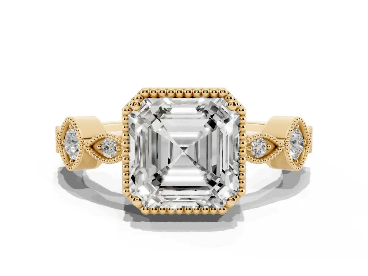 Asscher Cut Diamond Vintage Milgrain Ring with Round Stations Yellow gold