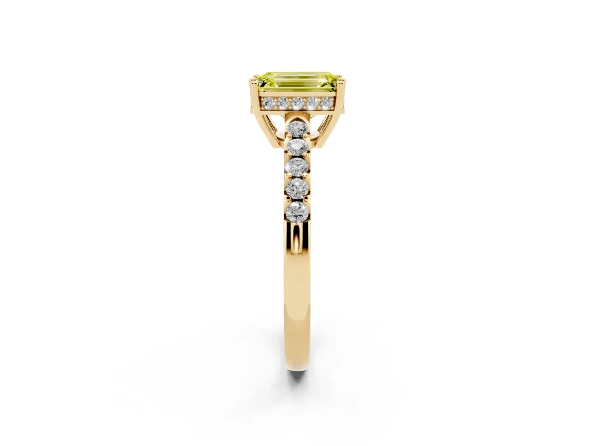 Fancy Yellow Emerald Cut Solitaire Diamond Engagement Ring with Pavé Band and Six-Prong Setting Yellow gold