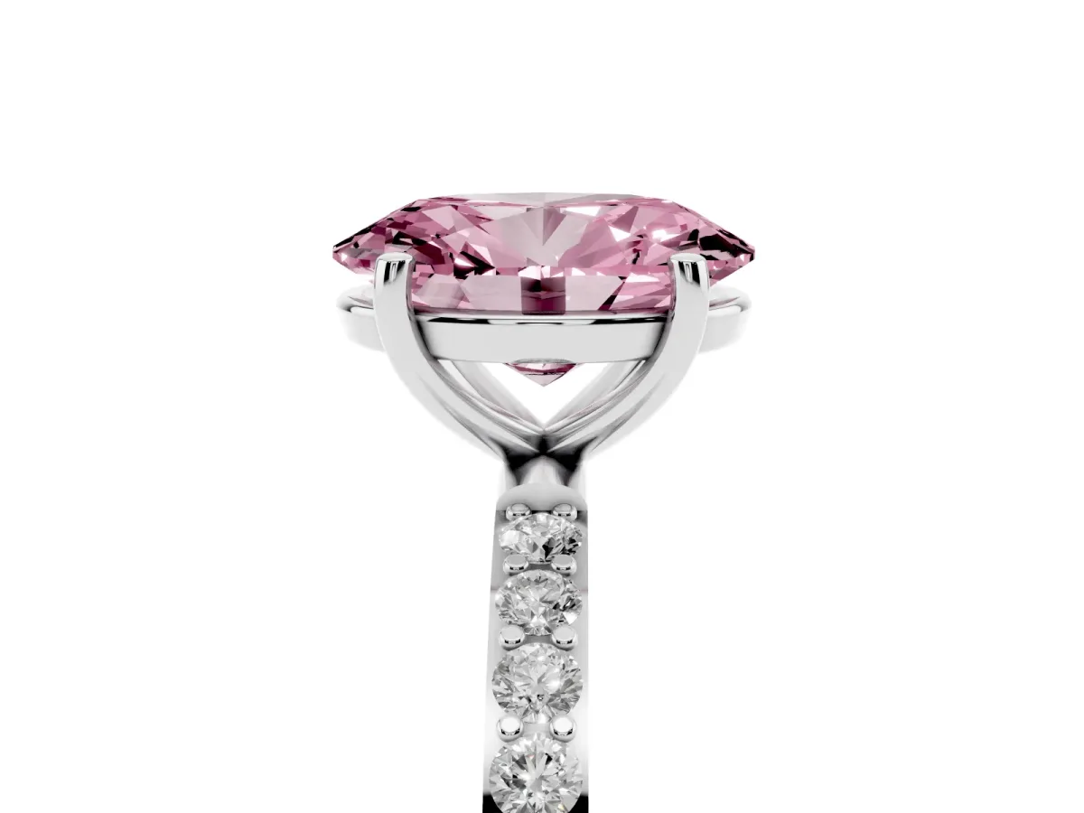 Fancy Pink Oval Cut Diamond Solitaire Ring with Round Pavé Shoulders and Prong Setting Silver