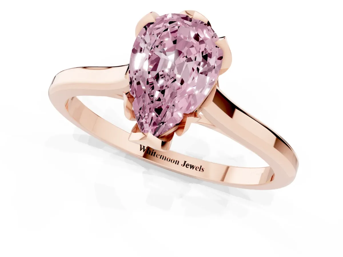 Fancy Pink Pear Cut Diamond Solitaire Ring with Flower Prong Setting and Classic Band Rose gold