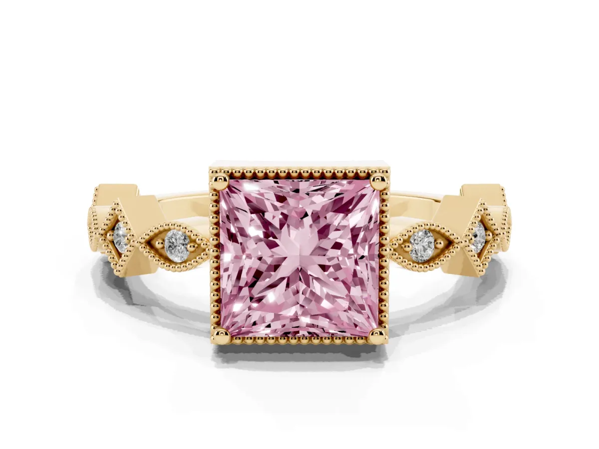 Fancy Pink Princess Cut Milgrain Marquise Diamond Twist Band Ring Yellow gold