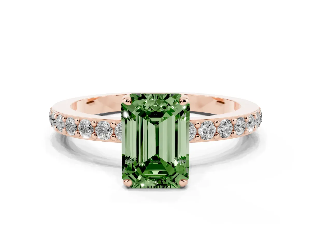 Fancy Green Emerald Cut Diamond Pavé Engagement Ring with Round Accents and Prong Setting Rose gold