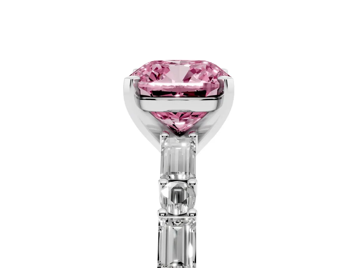Fancy Pink Cushion Cut Diamond Solitaire with Side Baguettes and Channel Set Band Silver