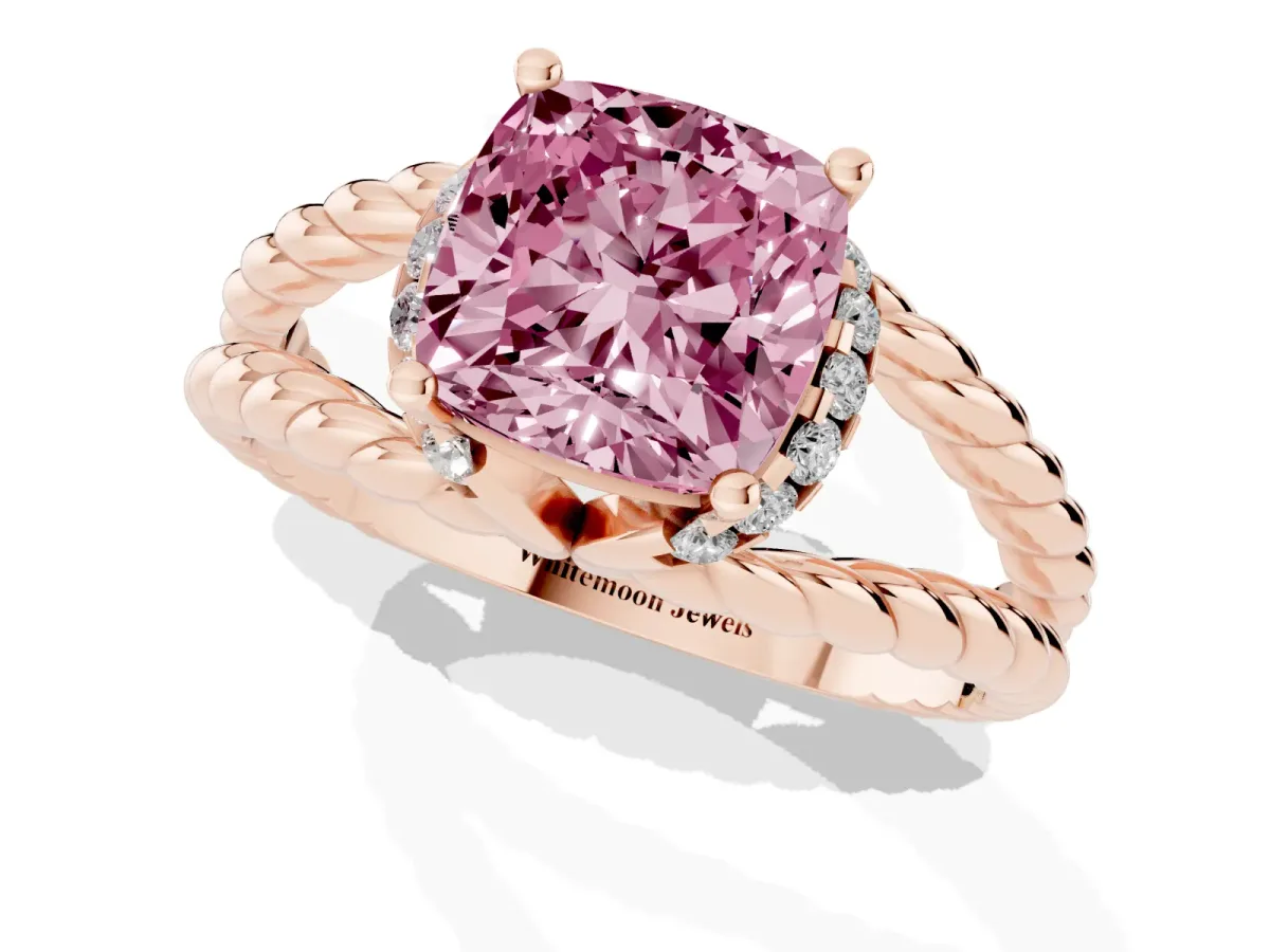 Fancy Pink Cushion Cut Halo Twisted Band Four-Prong Ring Rose gold