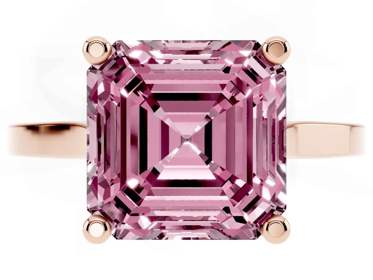 Fancy Pink Asscher Cut Solitaire Diamond Ring with Four-Prong Setting and Tapered Band Rose gold