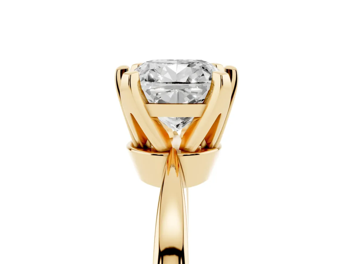 Cushion Cut Solitaire Engagement Ring with Six-Prong Setting and Tapered Band Yellow gold