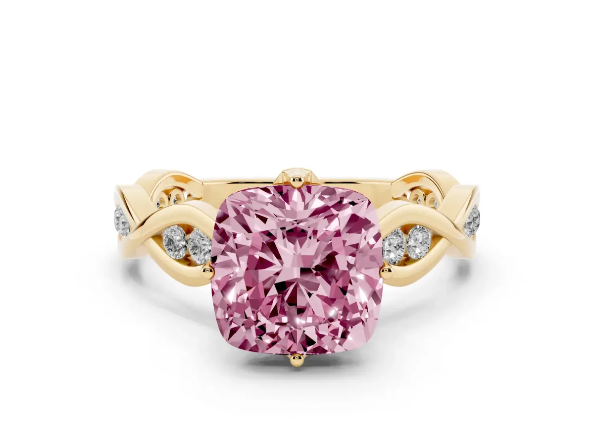 Fancy Pink Cushion Cut Solitaire Twist Band with Leaf Prong Setting Yellow gold