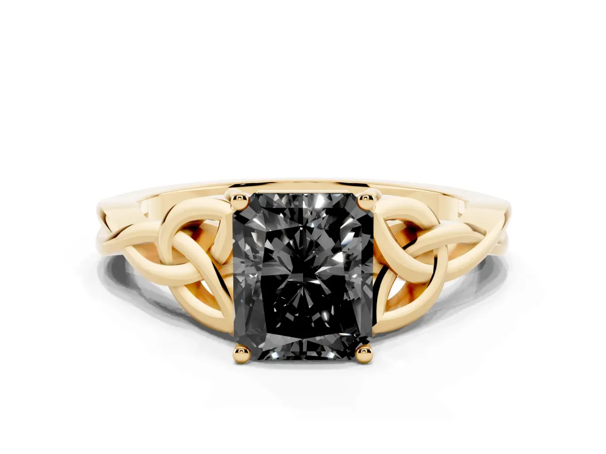 Fancy Black Radiant Cut Diamond Solitaire Engagement Ring with Celtic Knot Band and Four-Prong Setting Yellow gold