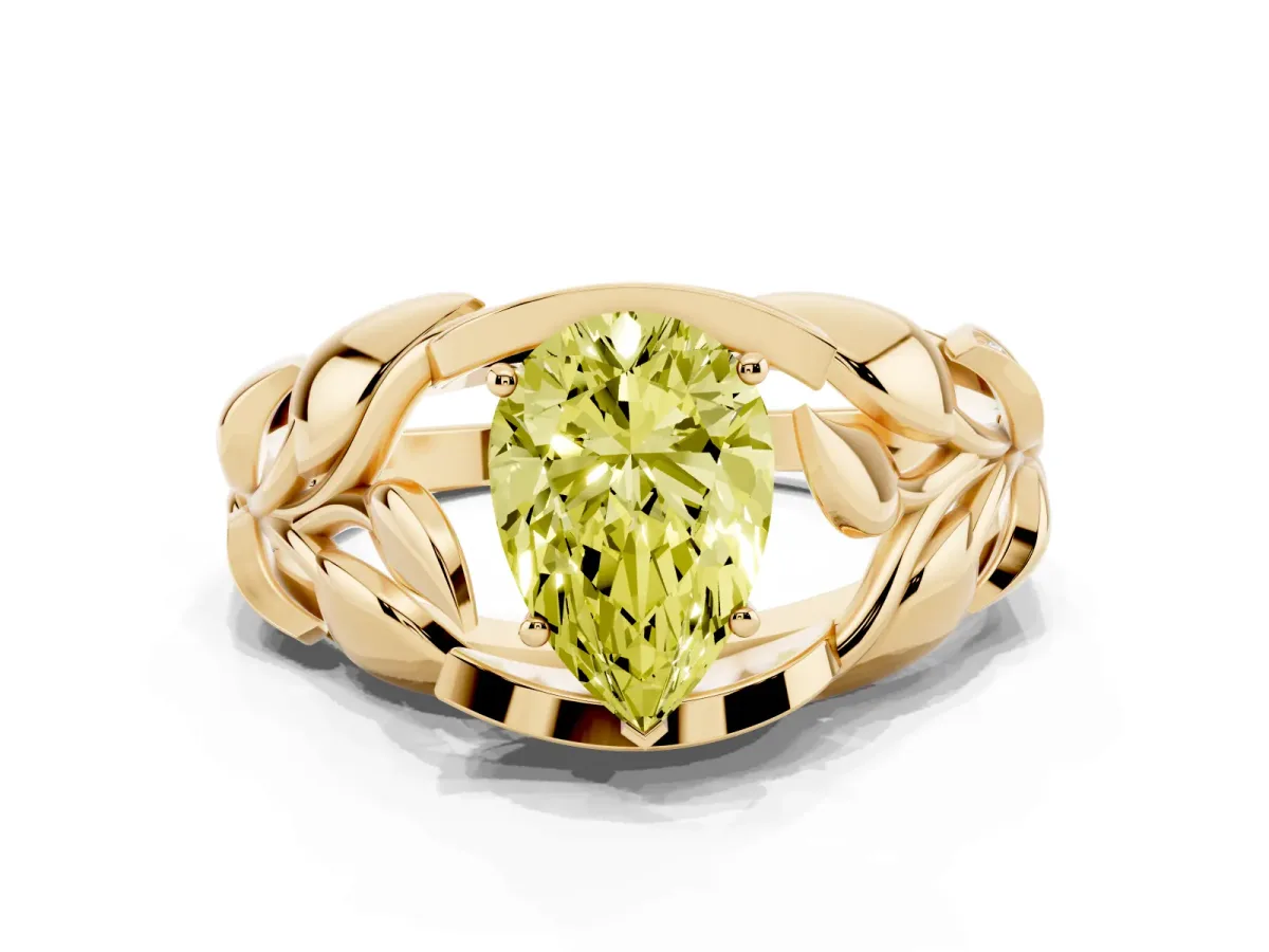 Fancy Yellow Pear Cut Diamond Leaf-Inspired Engagement Ring with Round Accents and Prong Setting Yellow gold