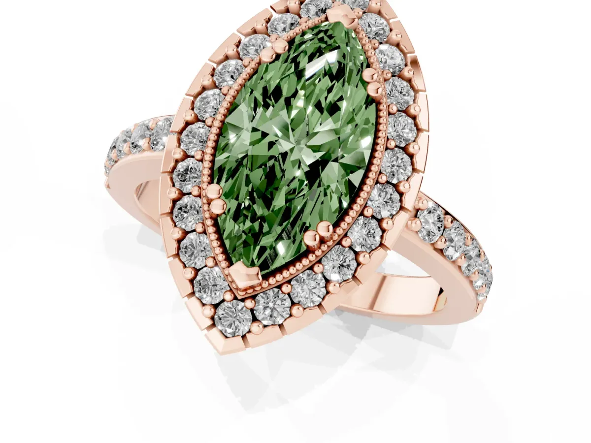 Fancy Green Marquise Cut Diamond Halo Ring with Pavé Band and Prong Setting Rose gold
