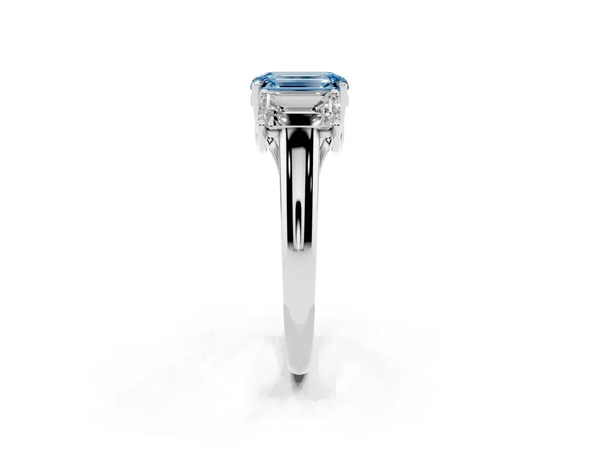 Fancy Blue Three-Stone Emerald Cut Diamond Engagement Ring with Prong Setting Silver