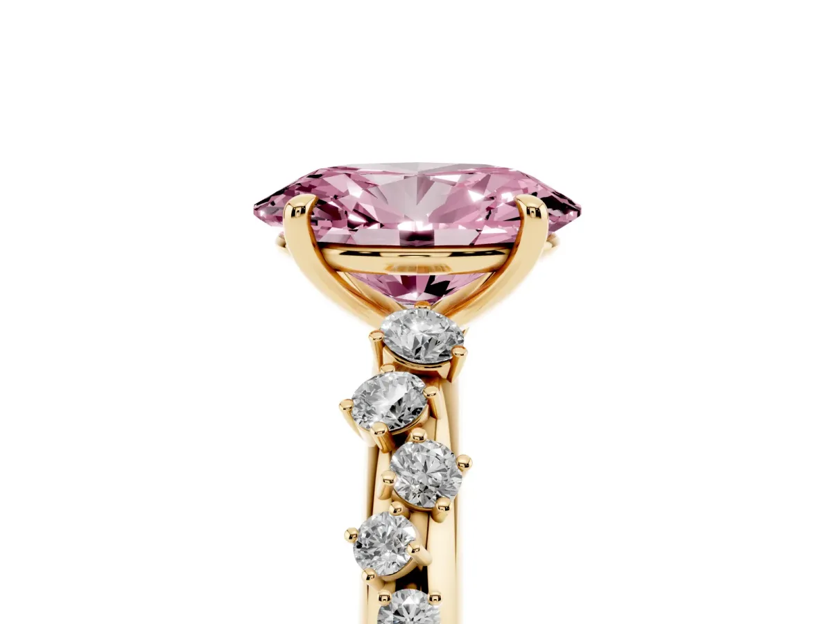 Fancy Pink Oval Cut Diamond Cluster Prong-Set Solitaire Ring Yellow gold