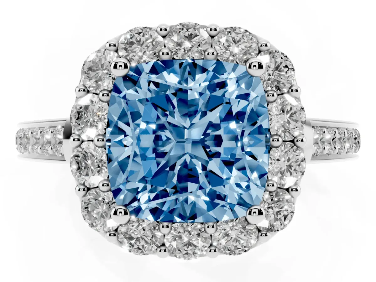 Fancy Blue Cushion Cut Diamond Floral Halo Ring with Pavé Band and Prong Setting White gold