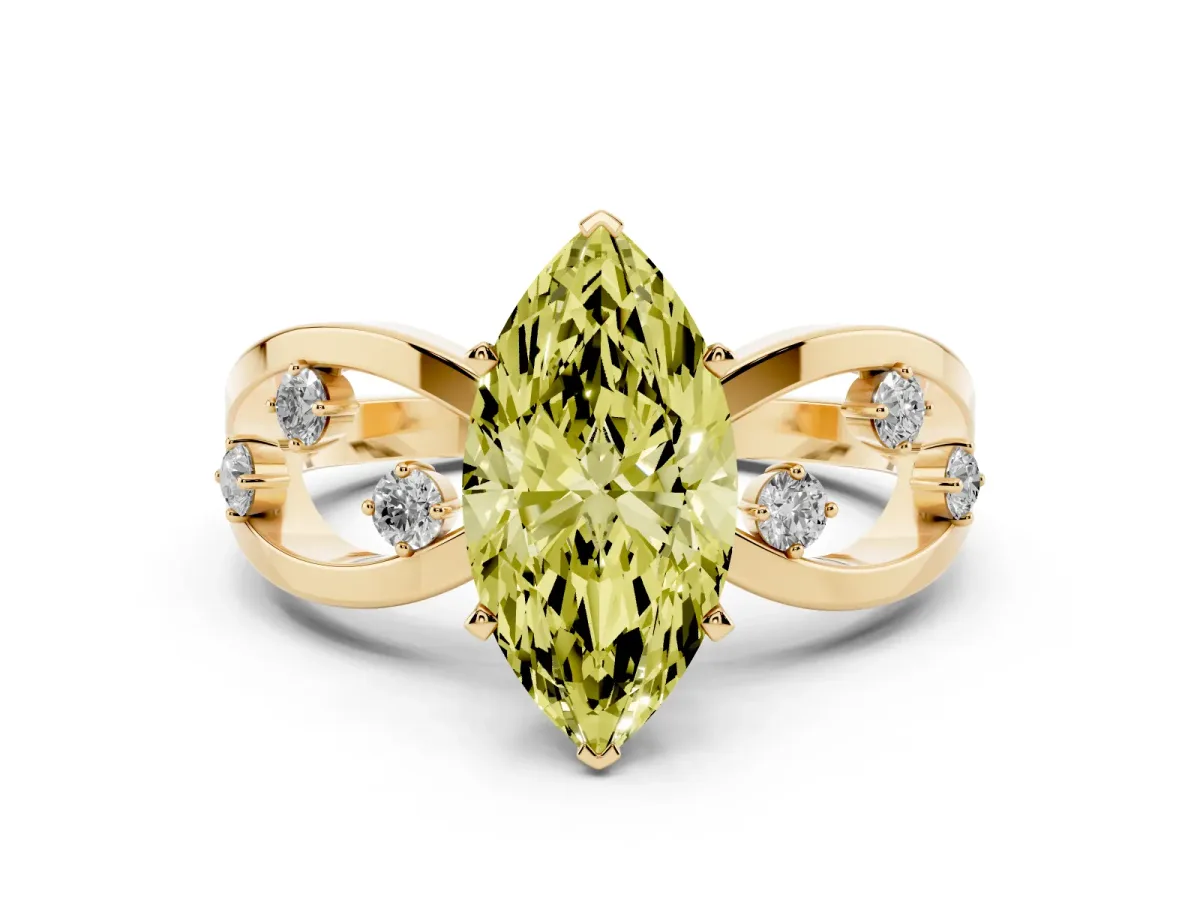 Fancy Yellow Marquise Cut Cut Solitaire Diamond with Side Stones on Criss-Cross Band and Four-Prong Setting Yellow gold