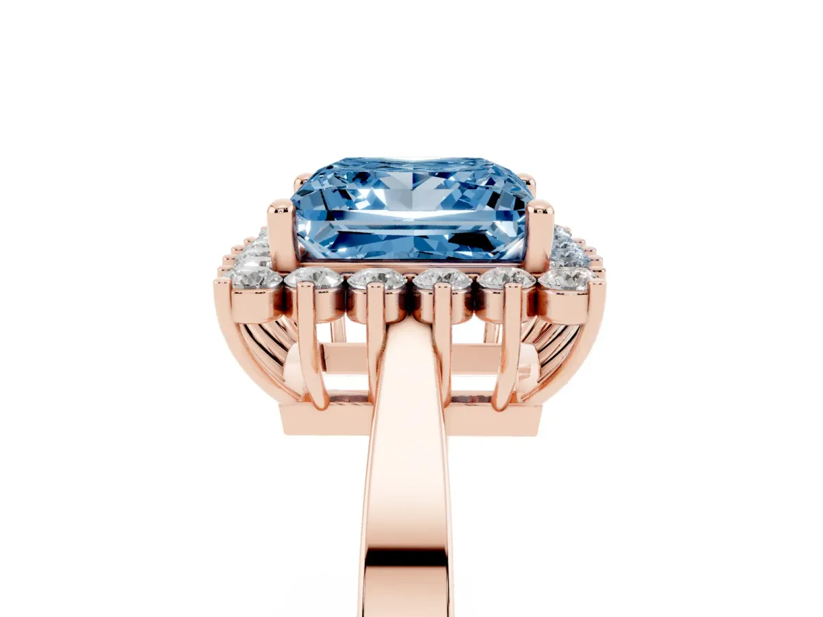 Fancy Blue Princess Cut Cut Diamond Halo Ring with Round Brilliant Halo and Solitaire Band Rose gold