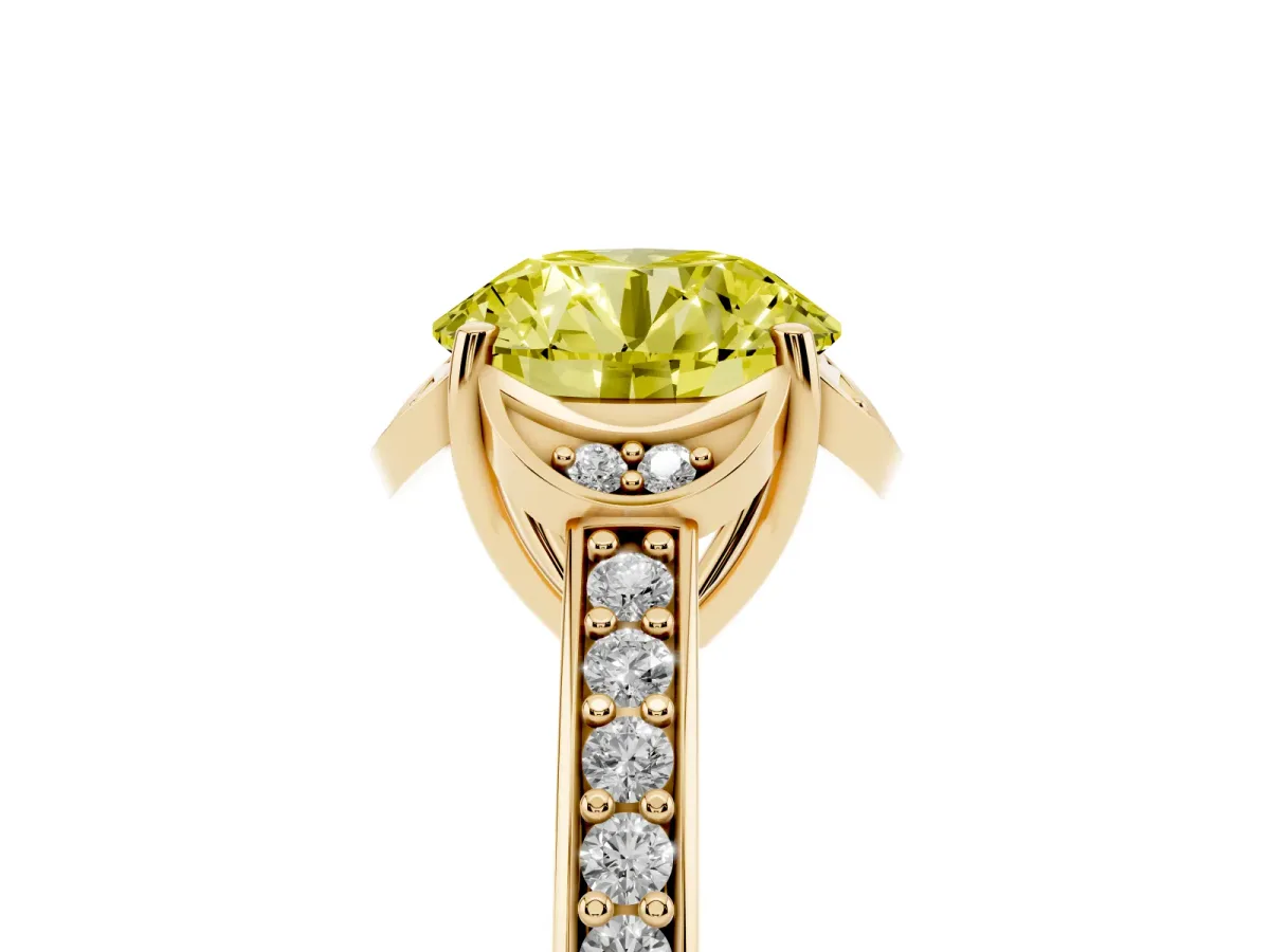 Fancy Yellow Round Cut Cut Halo Diamond Ring with Channel Set Band and Four-Prong Setting Yellow gold