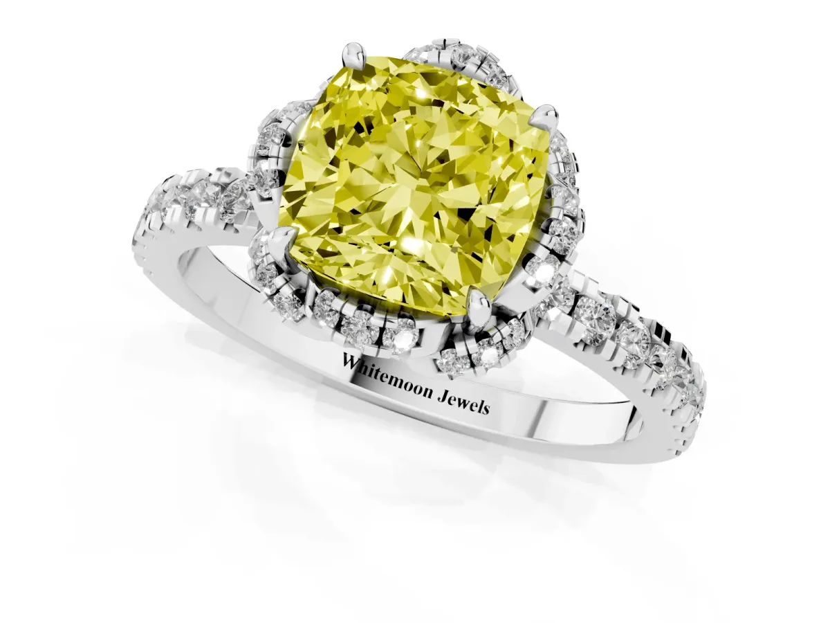 Fancy Yellow Cushion Cut Halo Diamond Pave Band Ring with Four-Prong Setting Silver